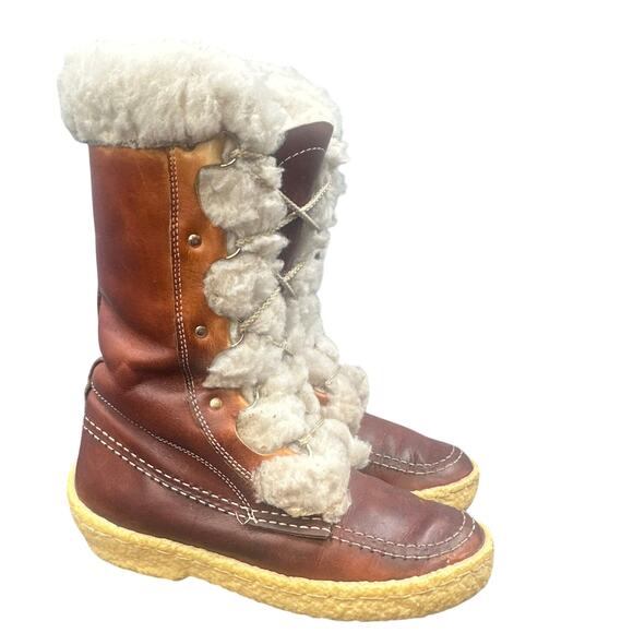 VTG Cabelas Boots 8 Leather Shearling Lace-Up Chunky 70s Distressed Boho Hippy - Picture 2 of 16